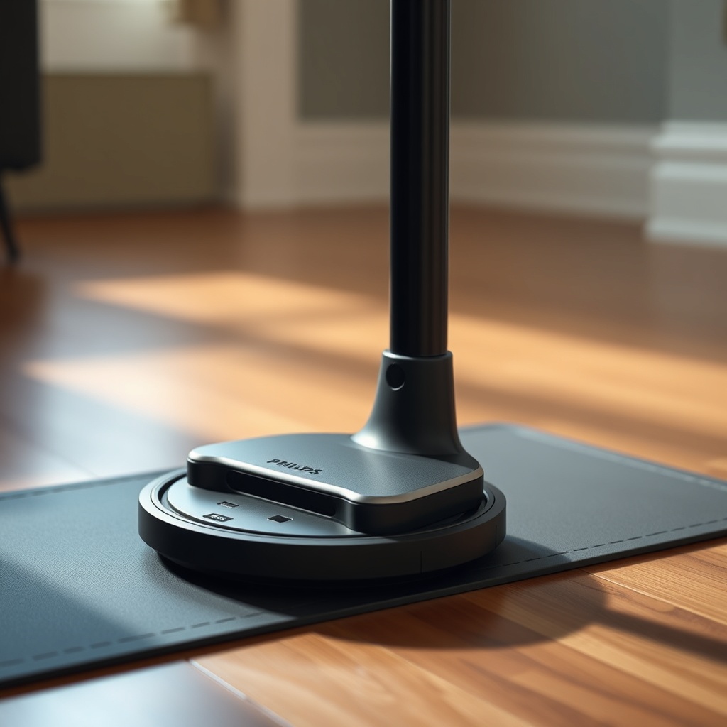 A photorealistic close-up photo of a Philips SimplyGo Mini resting on a silicone mat on a