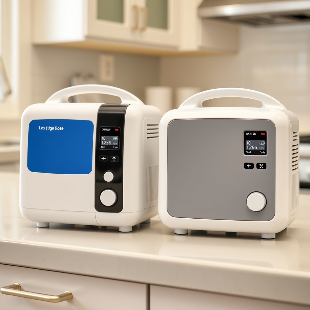 Two portable oxygen concentrators side by side on a clean kitchen counter
