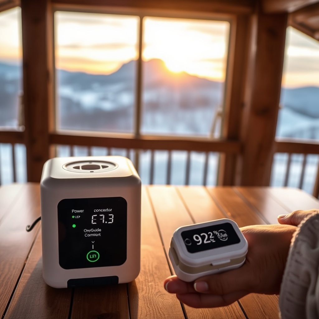A photorealistic photo of an OxyGuide Comfort device sitting on a wooden cabin table at su