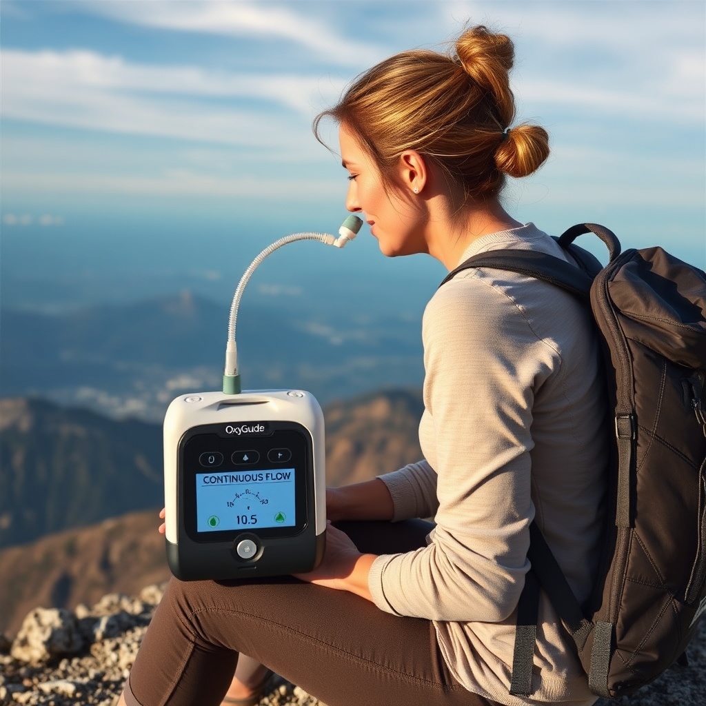 A photorealistic photo of an OxyGuide Comfort being used by a woman sitting on a rocky out