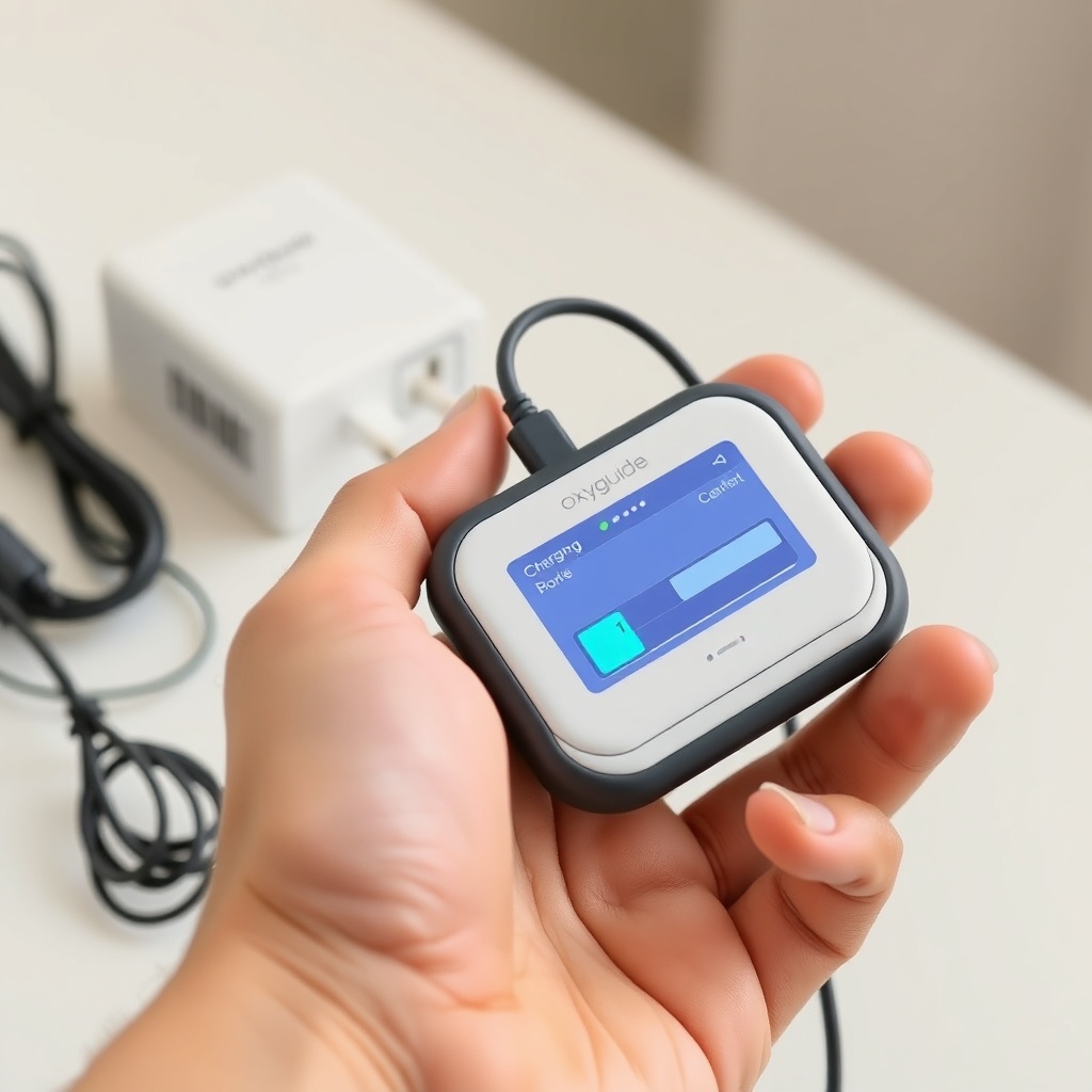 A photorealistic photo showing a person holding an OxyGuide Comfort unit with a charging c