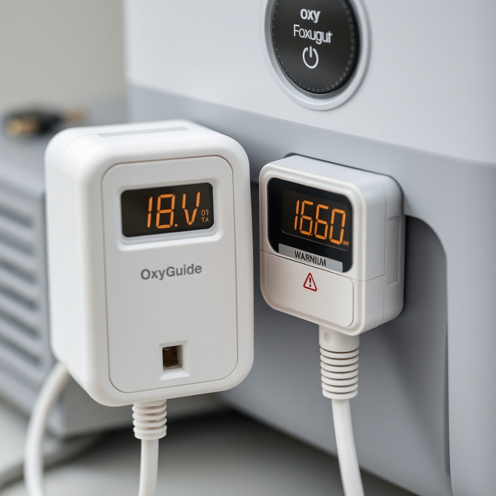A photorealistic close-up of an OxyGuide Comfort concentrator plugged into a white AC wall