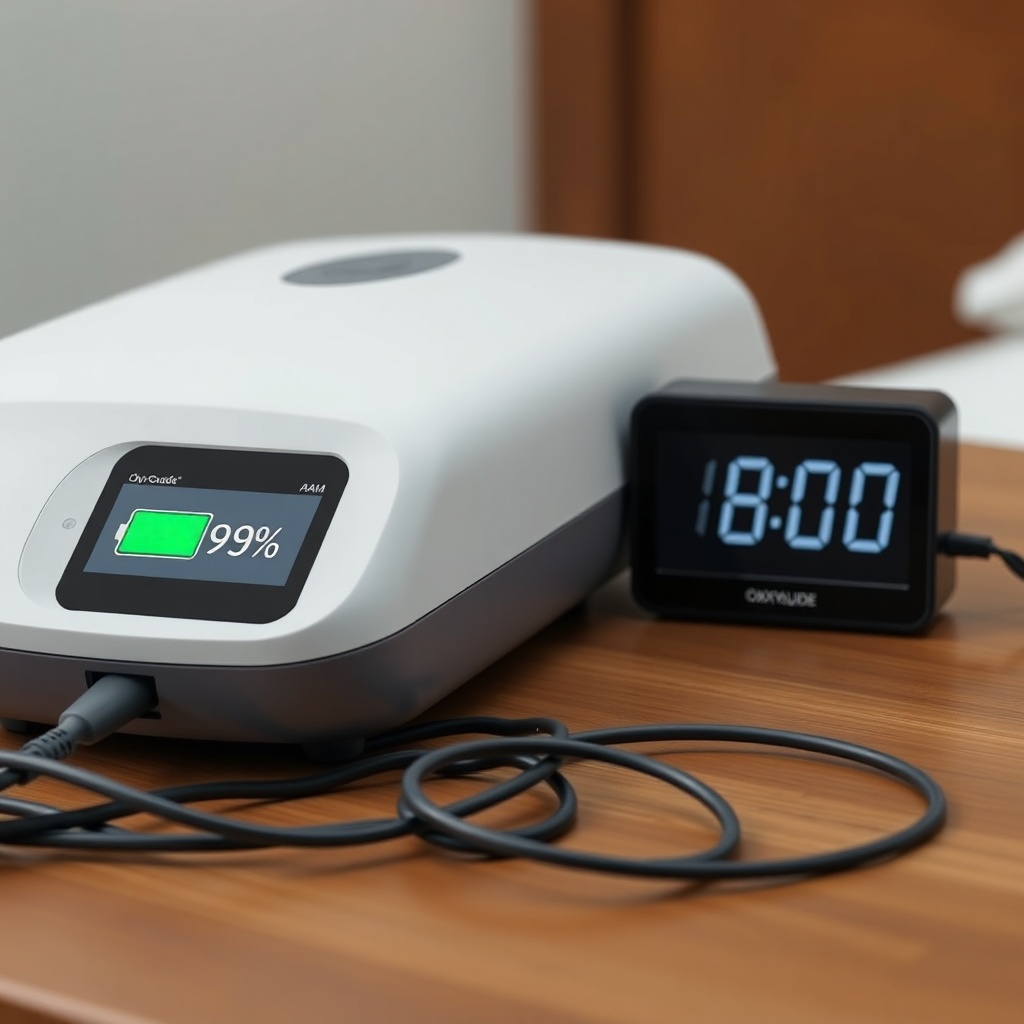A photorealistic side view of an OxyGuide Comfort concentrator lying on a wooden table