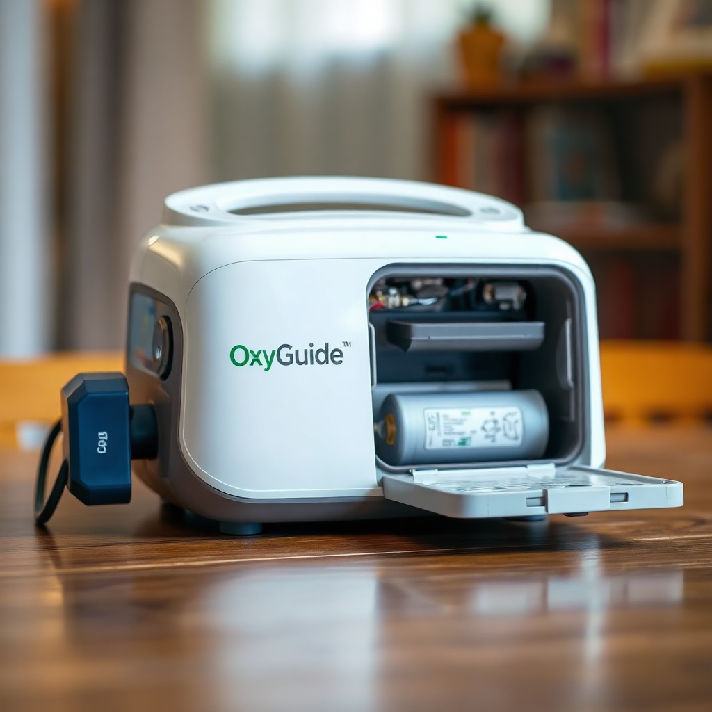 A photorealistic photo of an OxyGuide Comfort portable oxygen concentrator resting on a wo