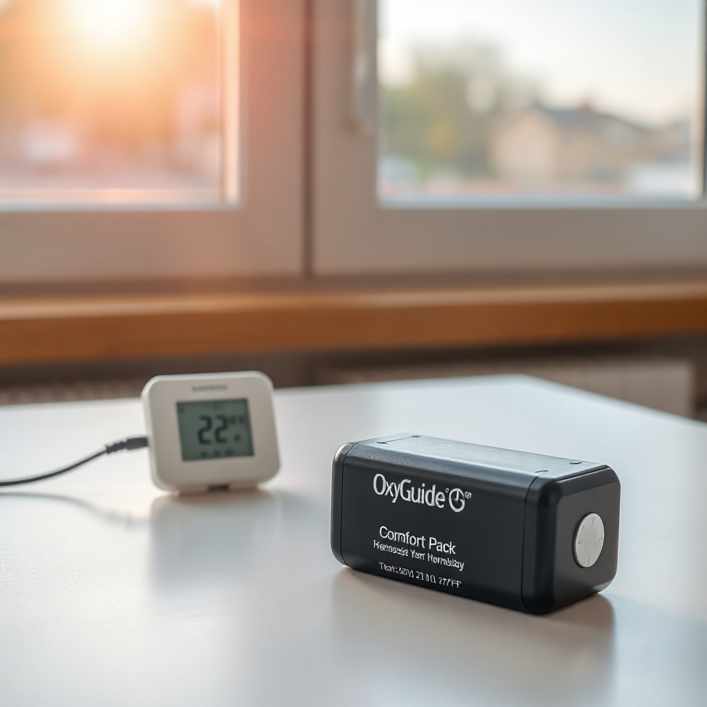 A photorealistic photo of an OxyGuide Comfort battery pack sitting on an indoor table near