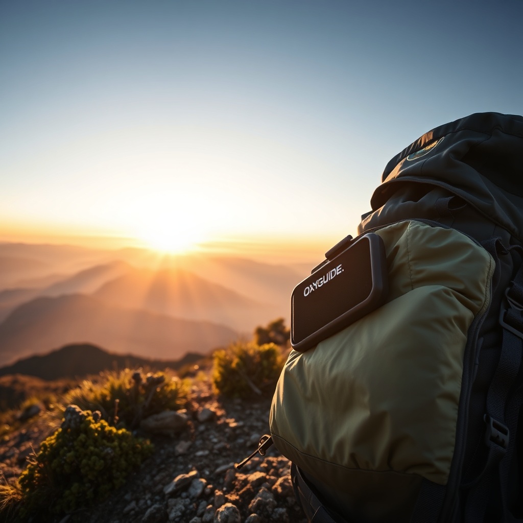 A photorealistic photo of the OxyGuide Comfort resting on a backpack next to a mountain tr