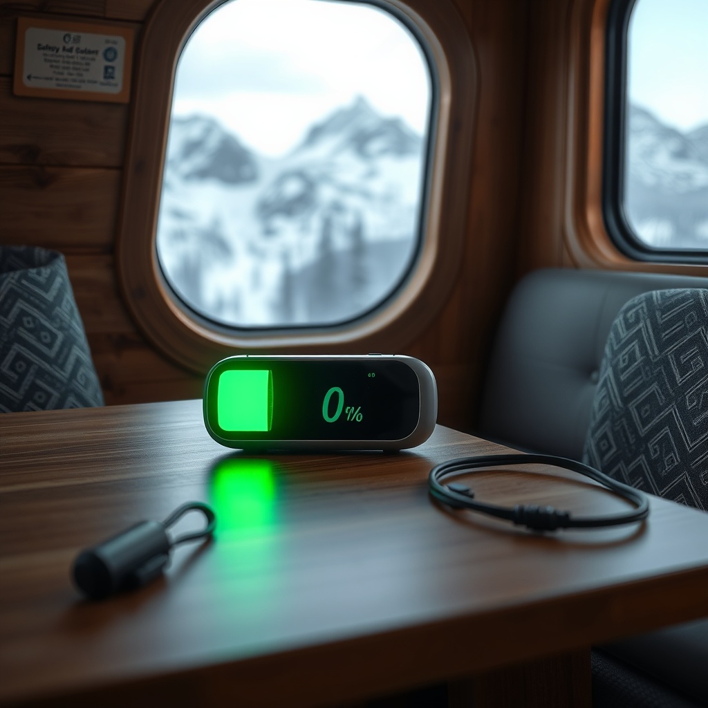 A photorealistic photo of the OxyGuide Comfort’s battery indicator glowing green on a trav