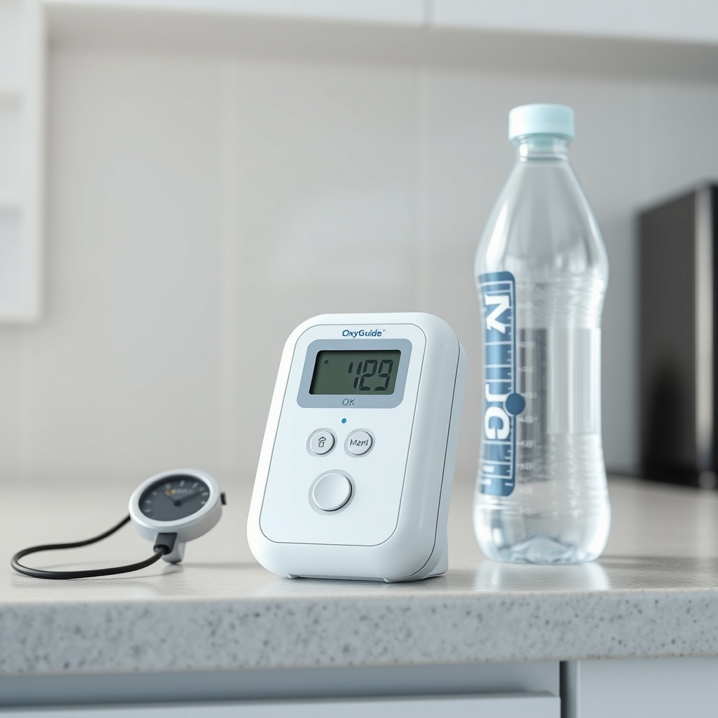 A clean photorealistic photo of an OxyGuide Comfort device resting on a kitchen counter wi