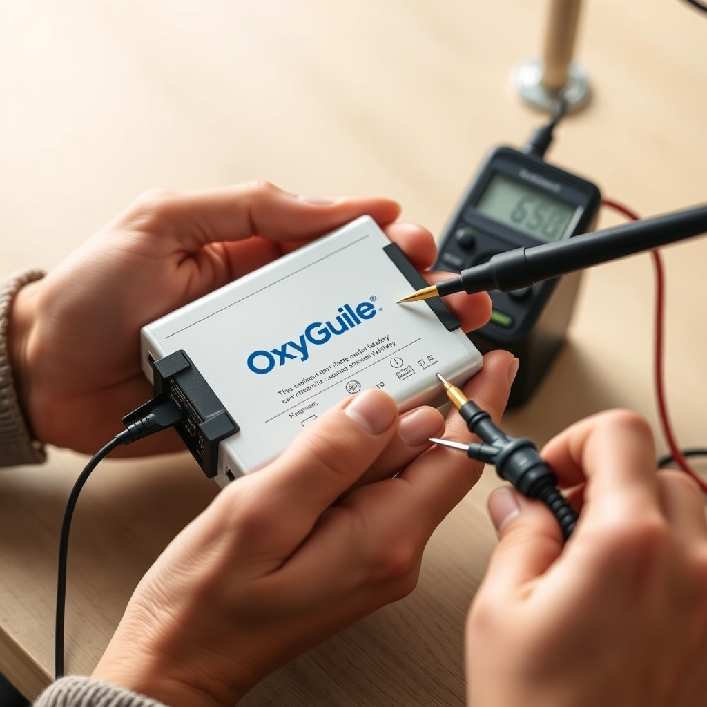 Photorealistic photo of a person’s hands holding an OxyGuide Comfort battery near a chargi
