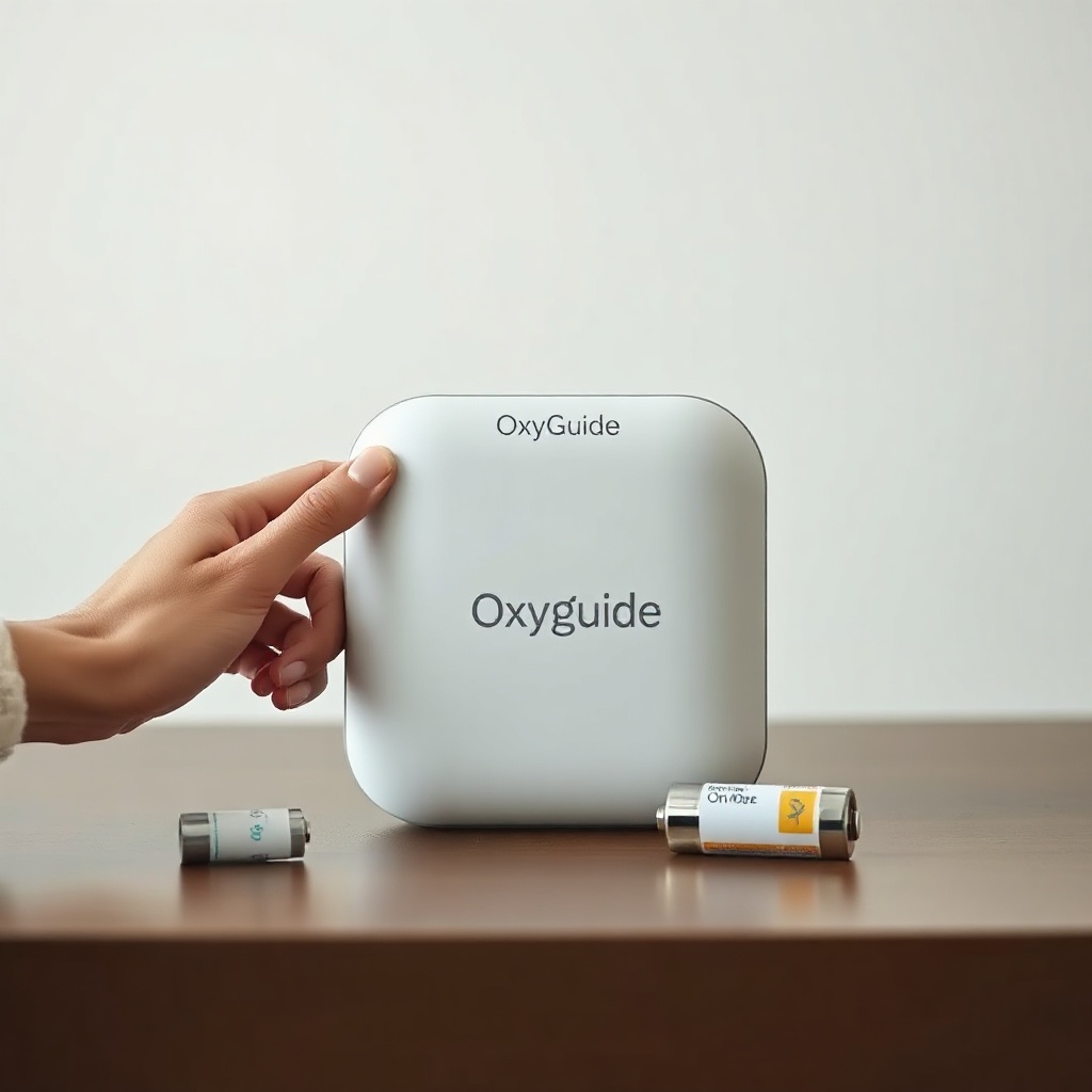 Photorealistic photo of an OxyGuide Comfort unit on a table with a person pressing the On/