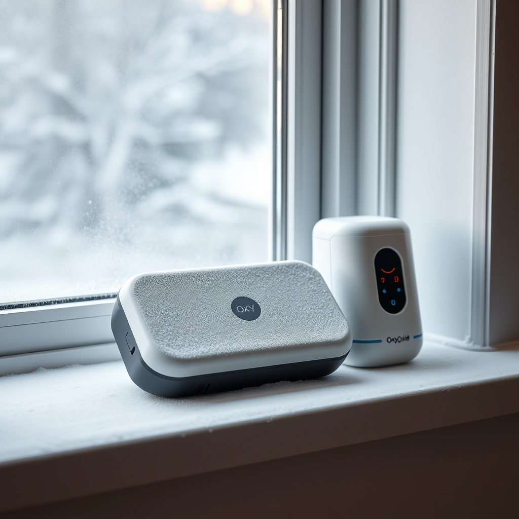 <Clean photorealistic photo showing an OxyGuide Comfort unit with a frost-covered battery
