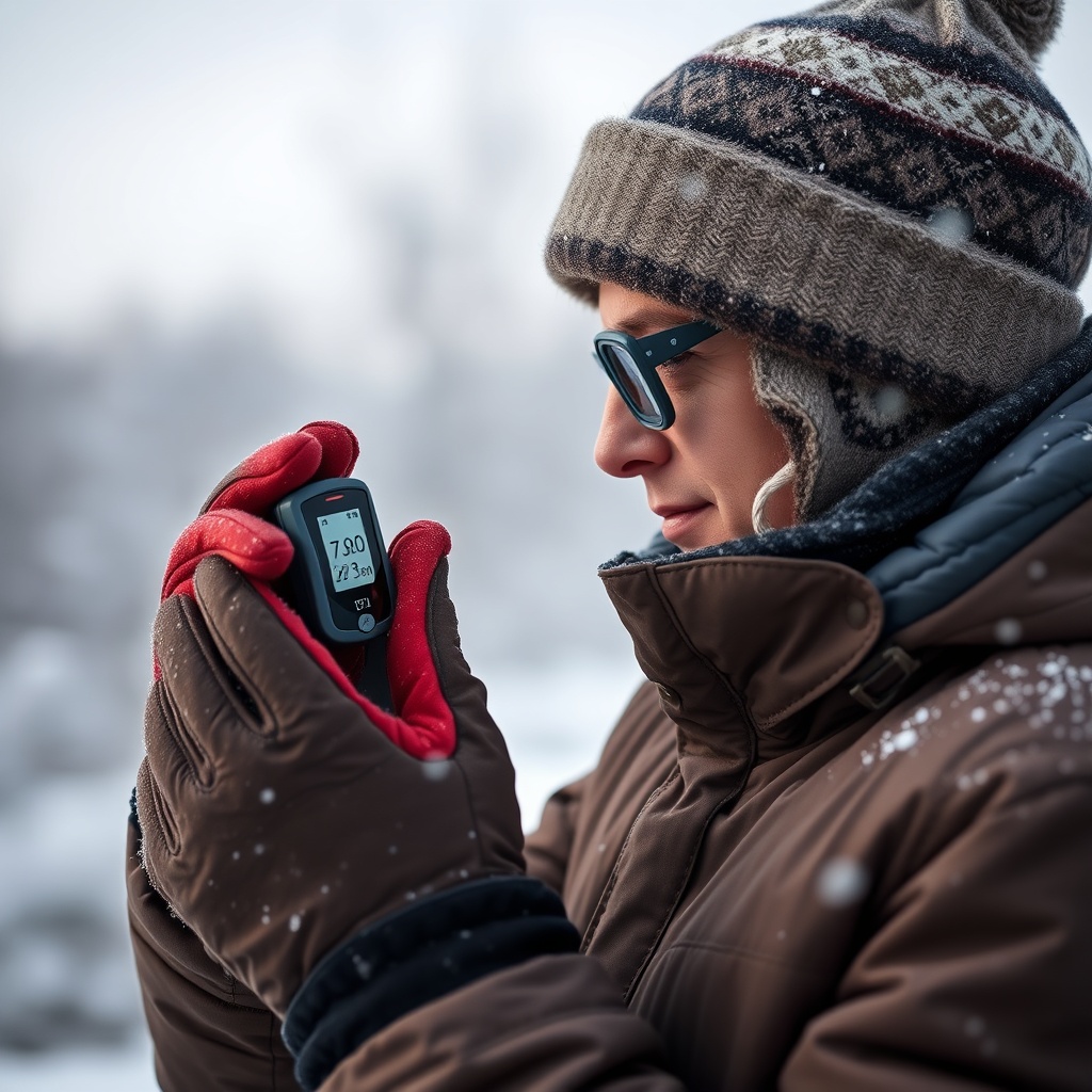 <Clean photorealistic photo of a person in winter coat and hat using an OxyGuide Comfort i