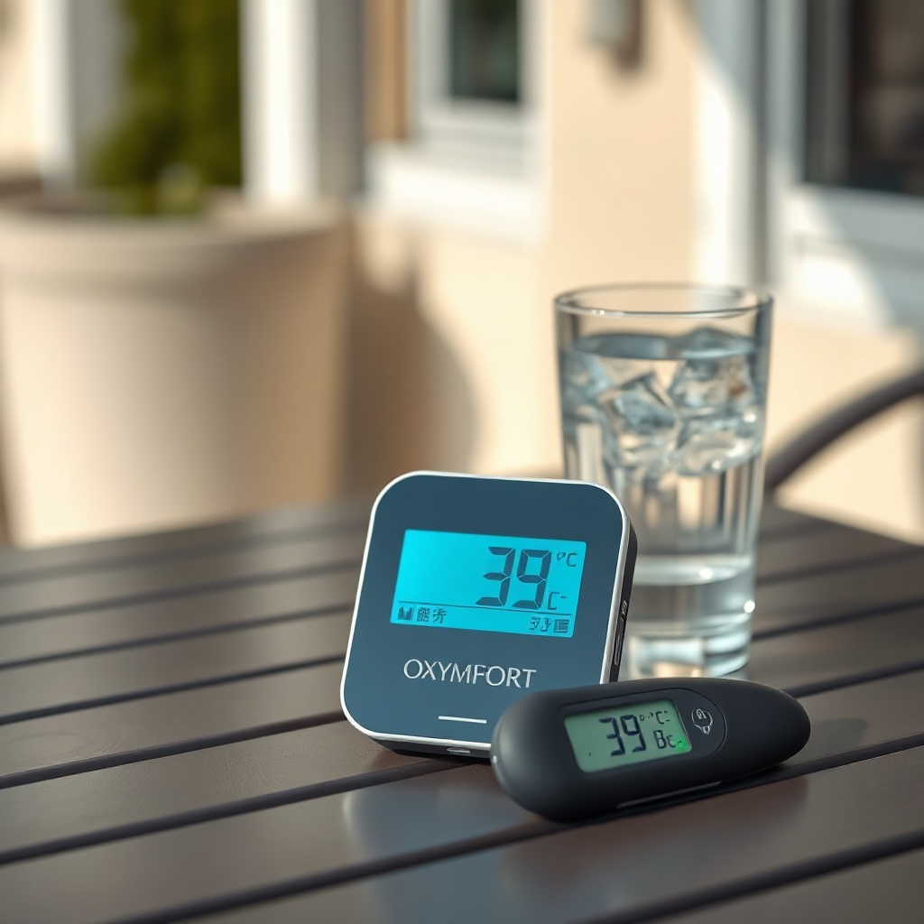 <clean photorealistic photo of an OxyGuide Comfort placed on a shaded patio table next to