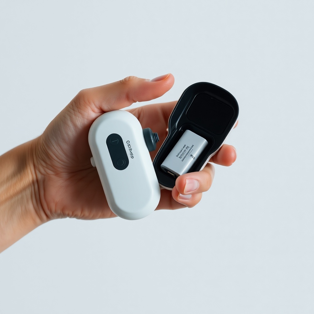 <photorealistic photo of a person holding an OxyGuide Comfort with a new battery
