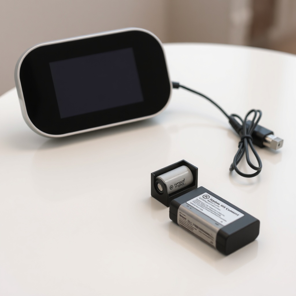 <photorealistic photo of an OxyGuide Comfort device on a table next to a charging cable an