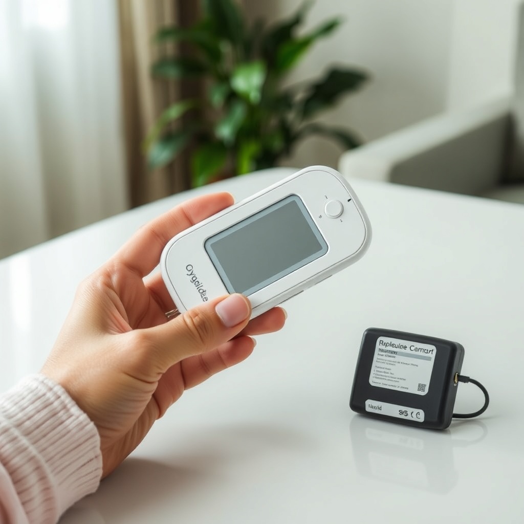 Photo of a person holding an OxyGuide Comfort with a replacement battery pack next to it o