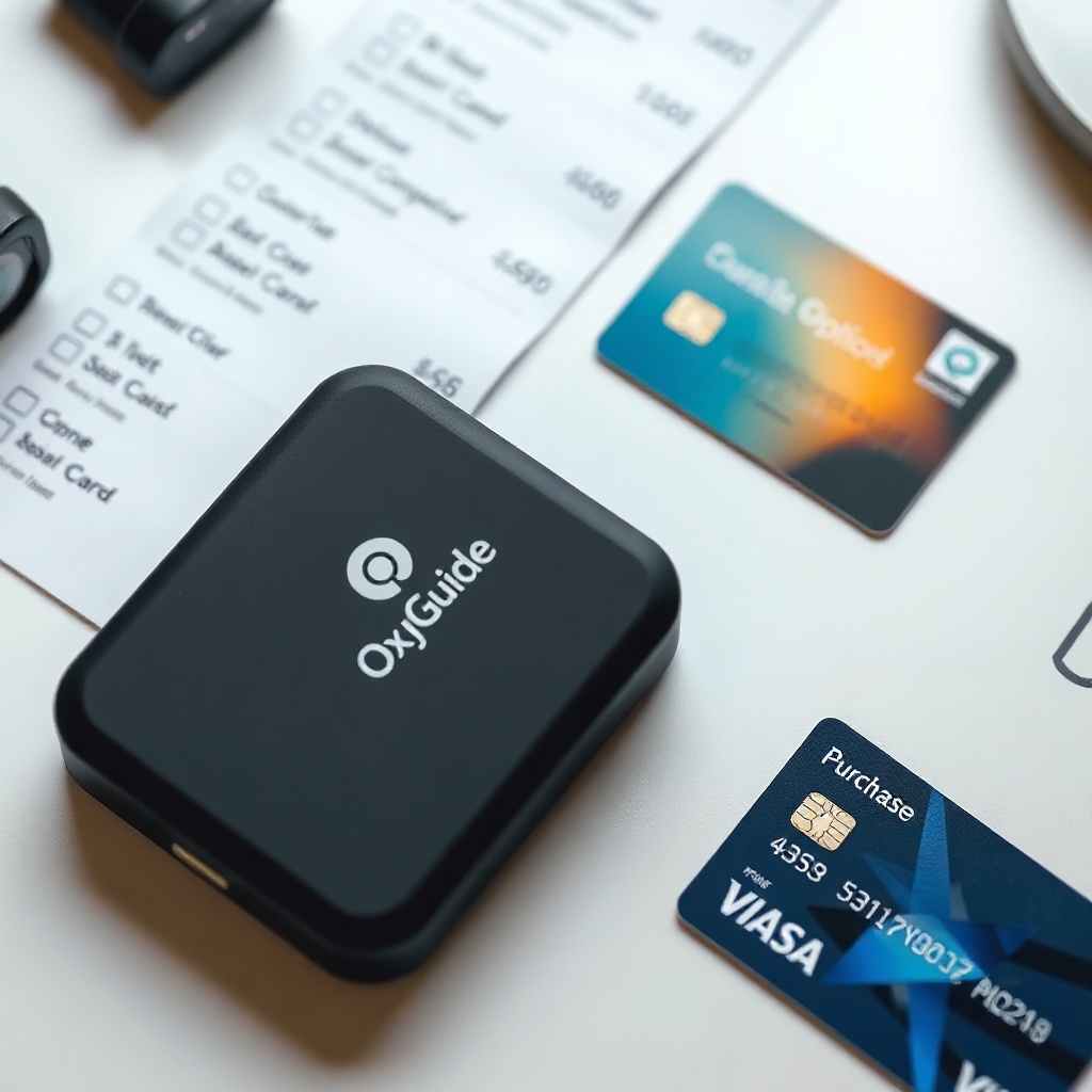 Photo of an OxyGuide Comfort battery pack on a desk next to a receipt and a credit card