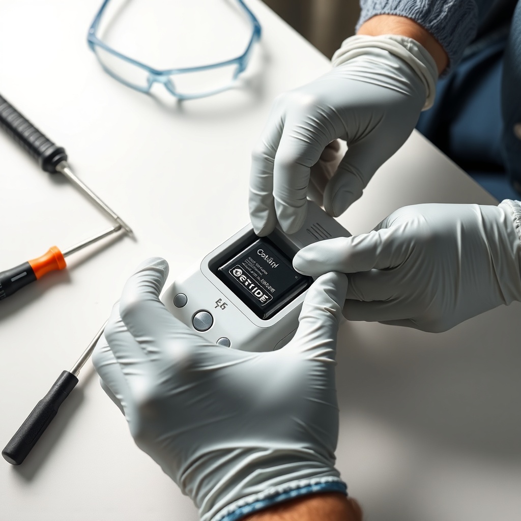 Photorealistic close-up of hands wearing nitrile gloves carefully inserting a new battery