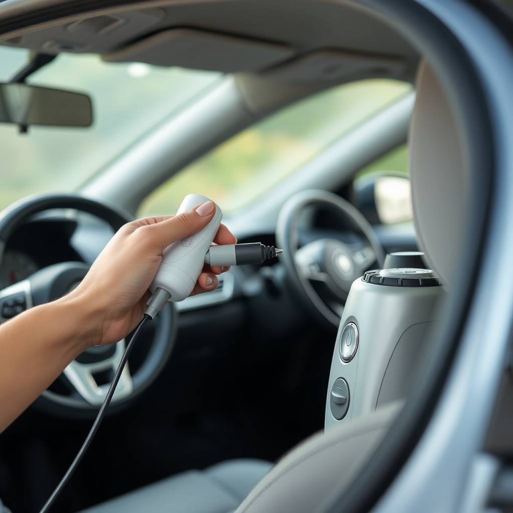 A photorealistic shot showing a person plugging the OxyGuide Comfort car charger into a ca
