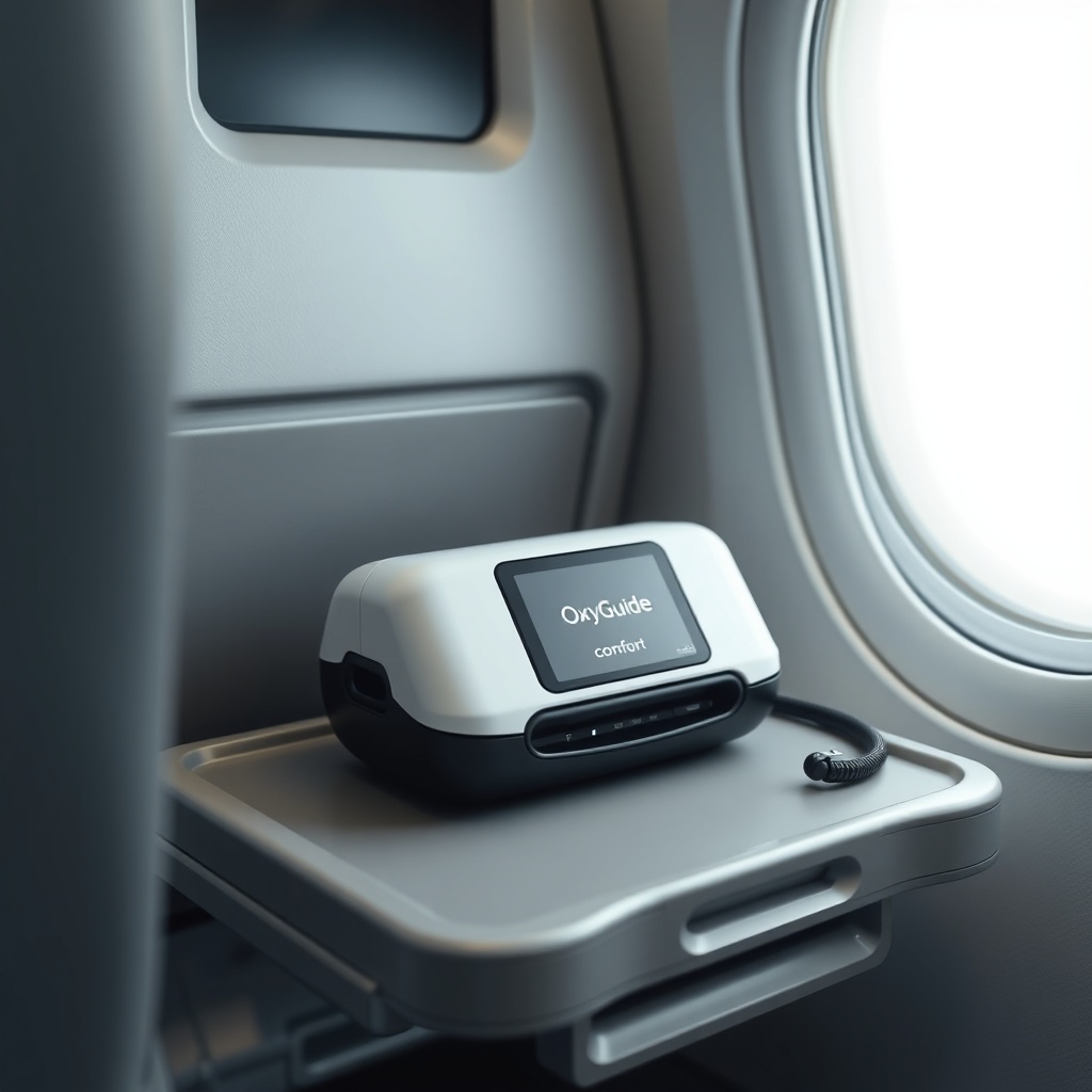 A clean photorealistic photo of an OxyGuide Comfort unit placed on an airplane tray table