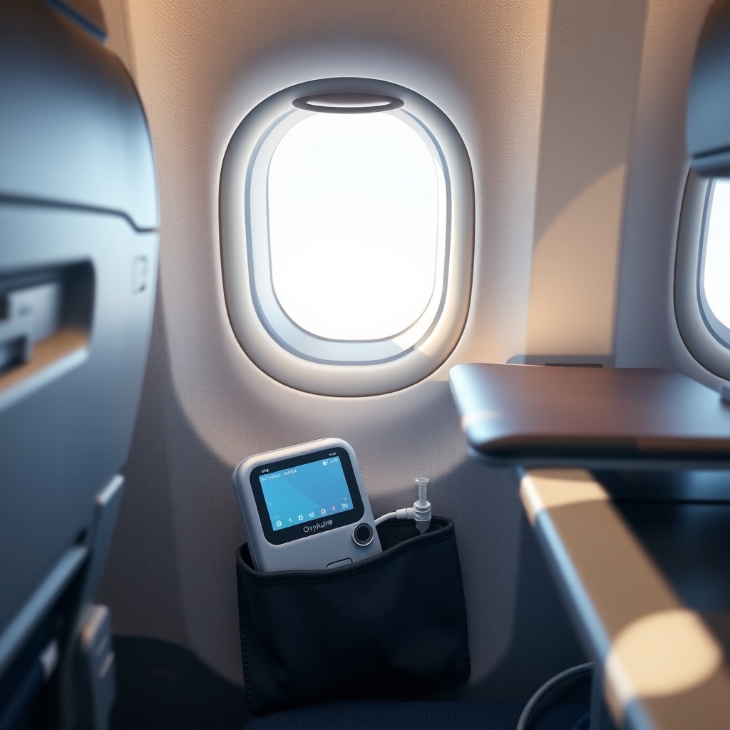 A clean photorealistic photo of the OxyGuide Comfort sitting upright in an airplane seat p