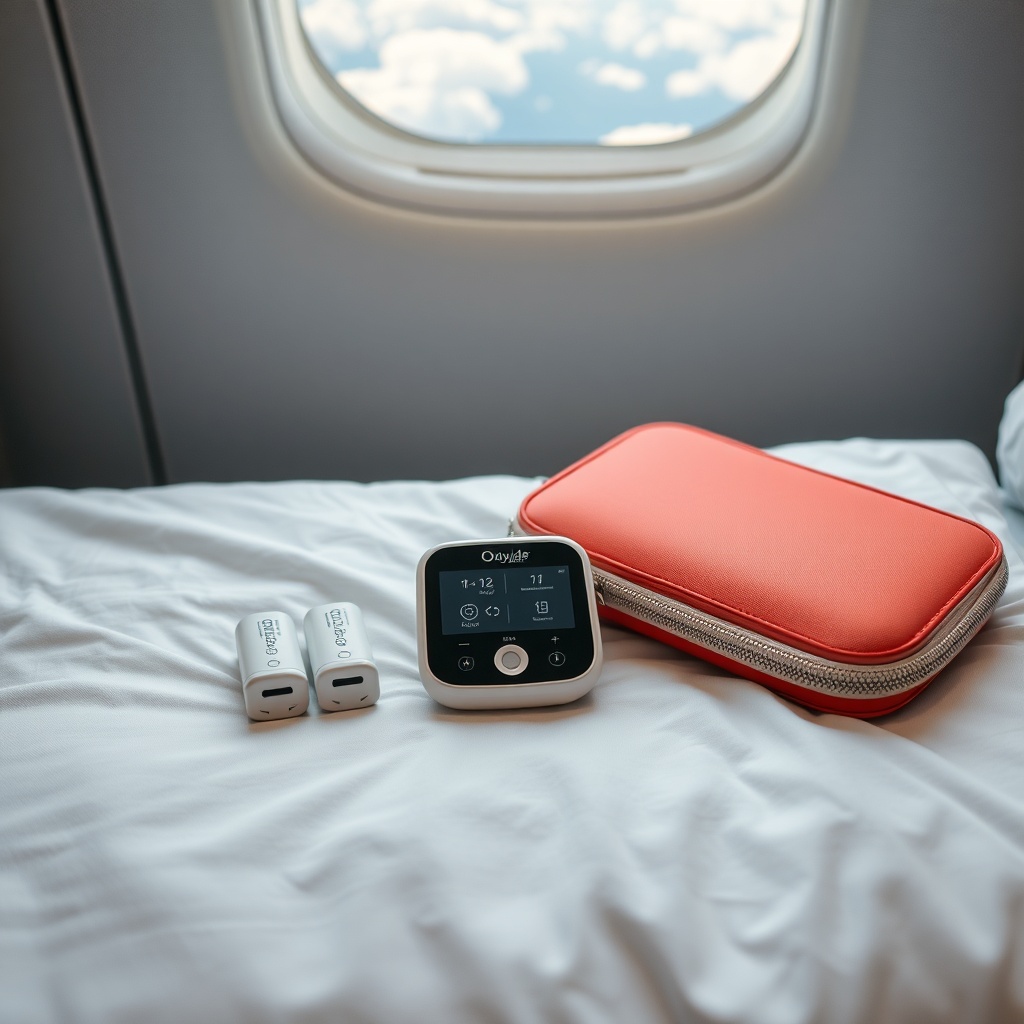 A clean photorealistic photo of the OxyGuide Comfort sitting next to two spare batteries a