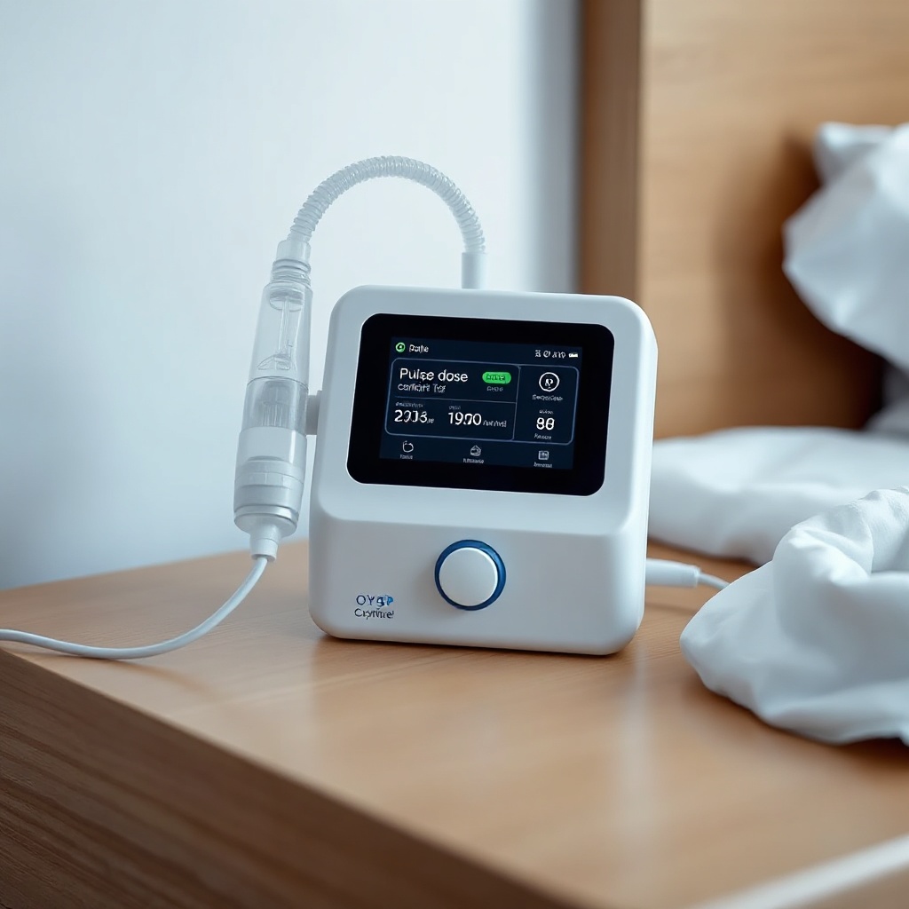 A clean photorealistic photo of the OxyGuide Comfort unit sitting on a wooden bedside tabl