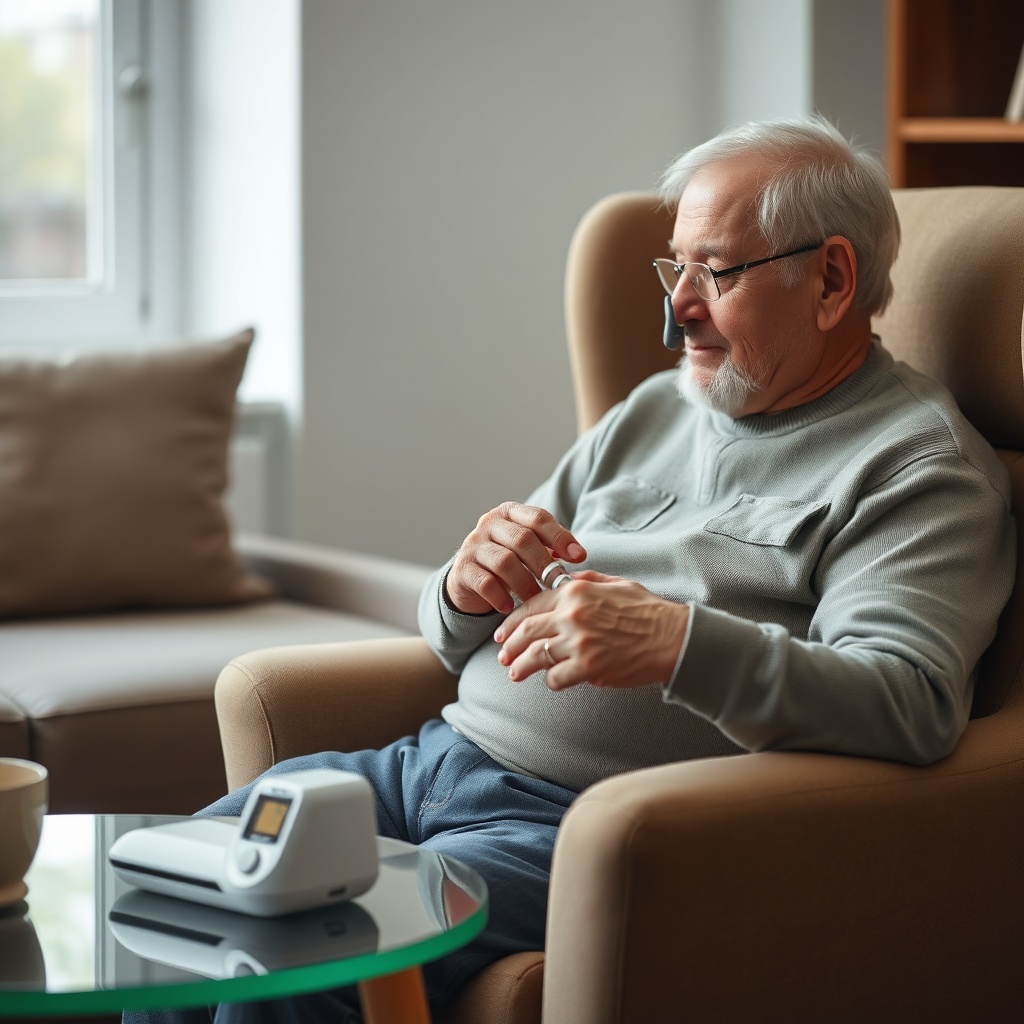 A clean photorealistic photo of a middle-aged COPD patient sitting in a living room chair