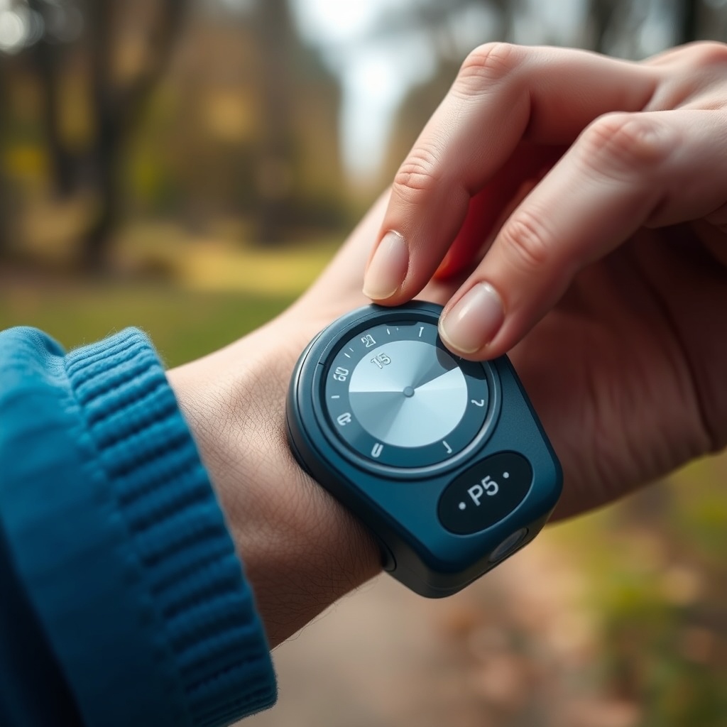 <A clean photorealistic close-up of hands adjusting the OxyGuide Comfort pulse dose dial f