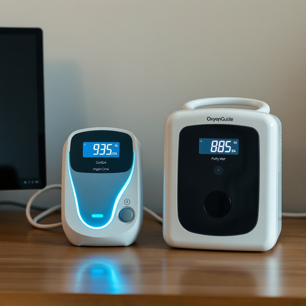 A clean photorealistic photo of an OxyGuide Comfort sitting on a wooden desk next to an In
