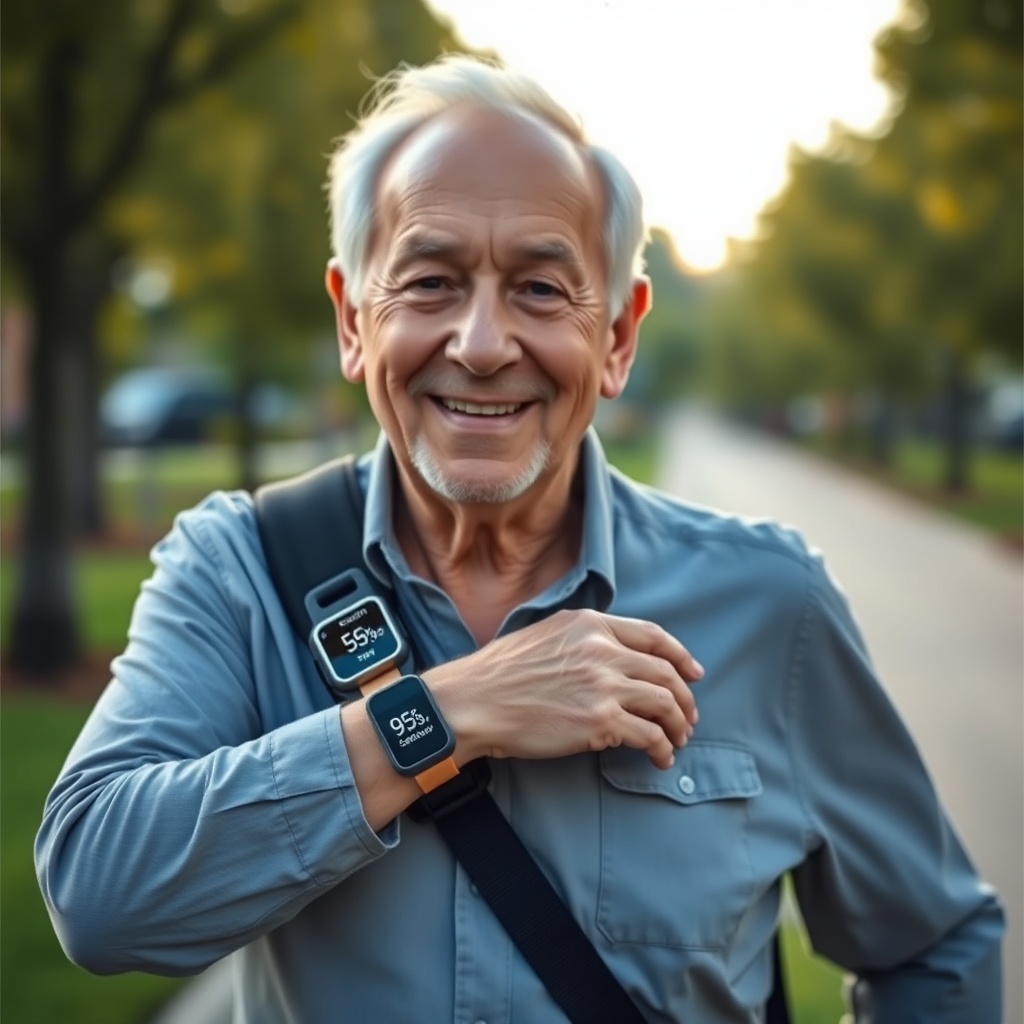 A clean photorealistic photo of an elderly man wearing an OxyGuide Comfort slung over his