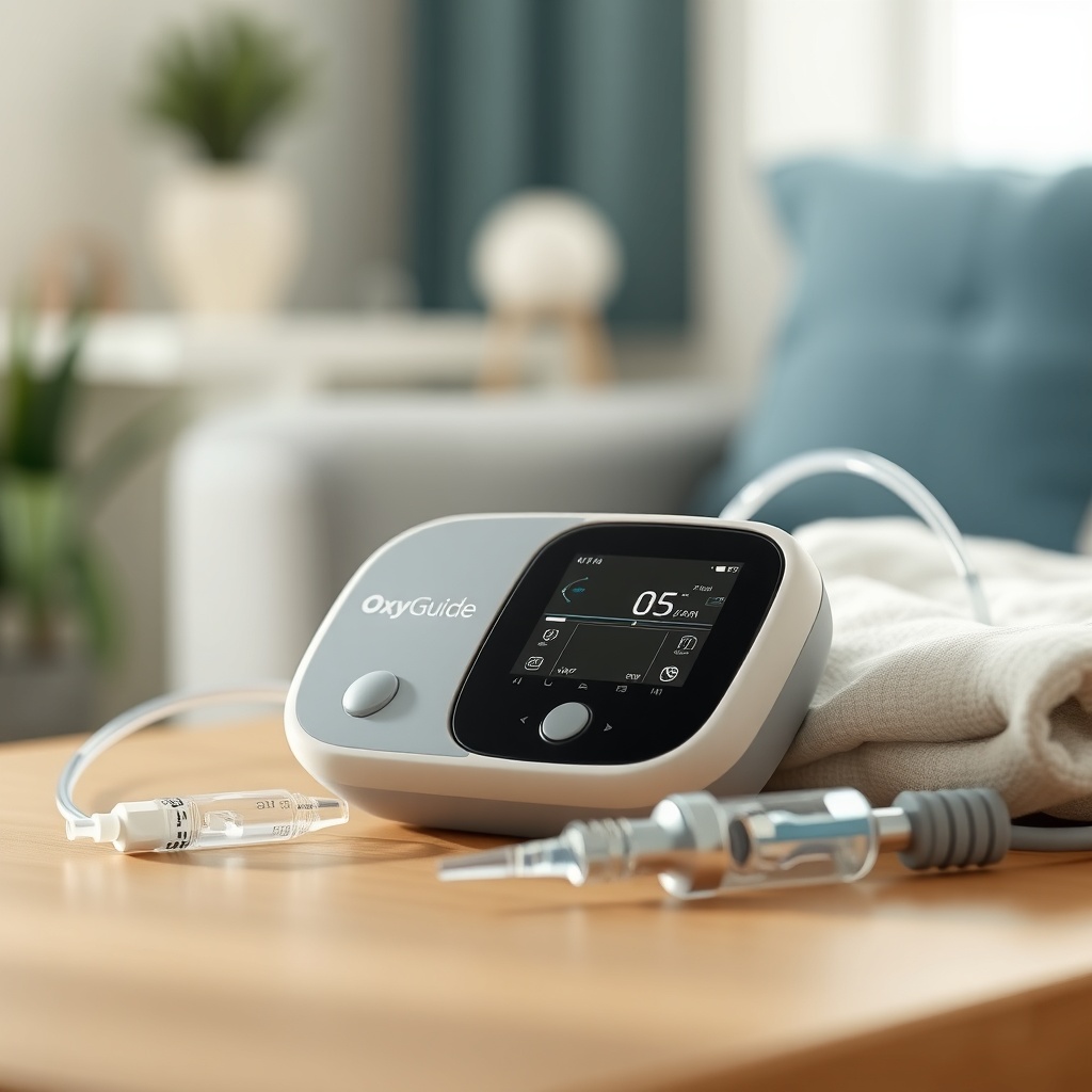 A photorealistic photo of an OxyGuide Comfort resting on a home table