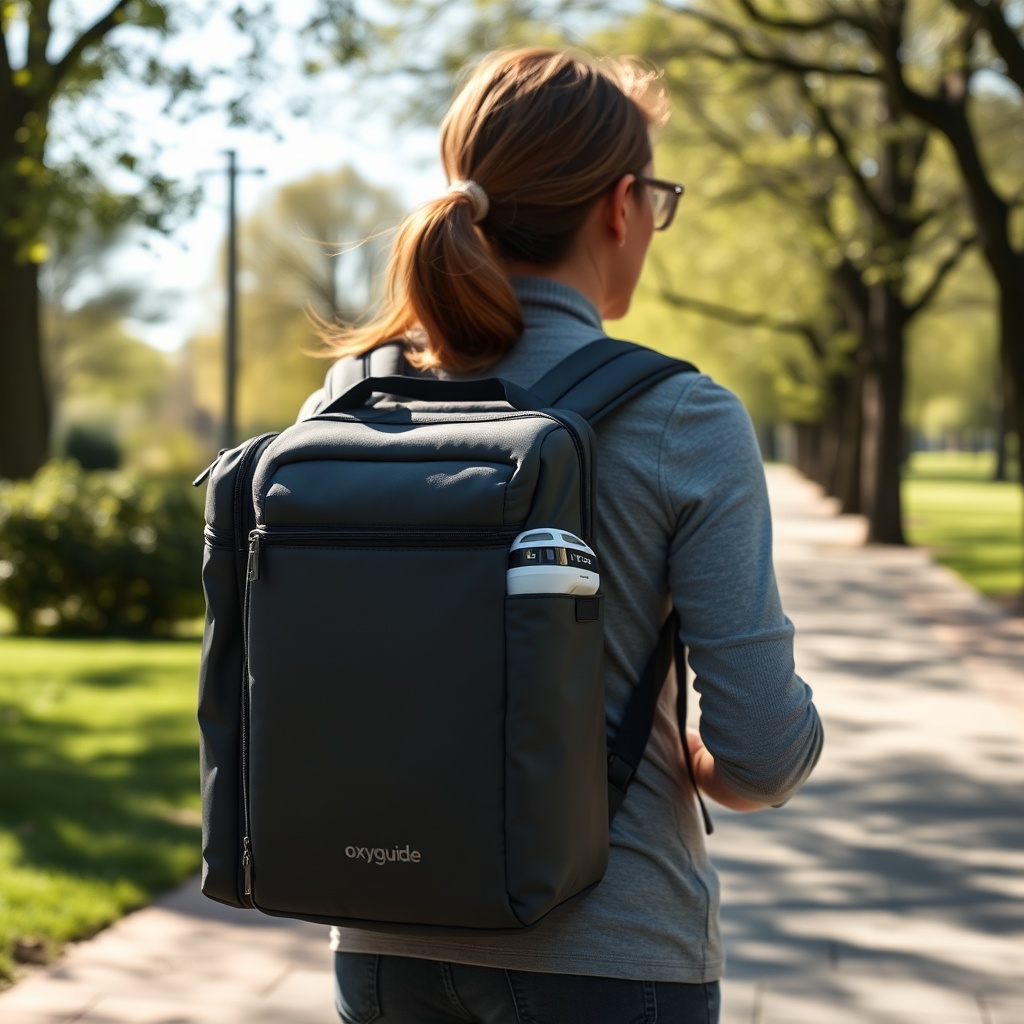 A photorealistic photo of a user wearing the OxyGuide Comfort in a carry bag while walking