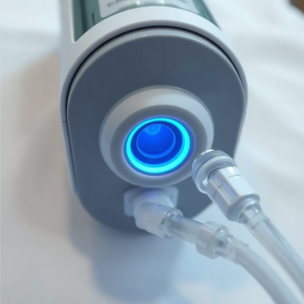 A close-up photorealistic photo of an OxyGuide Comfort with its pressure relief valve area