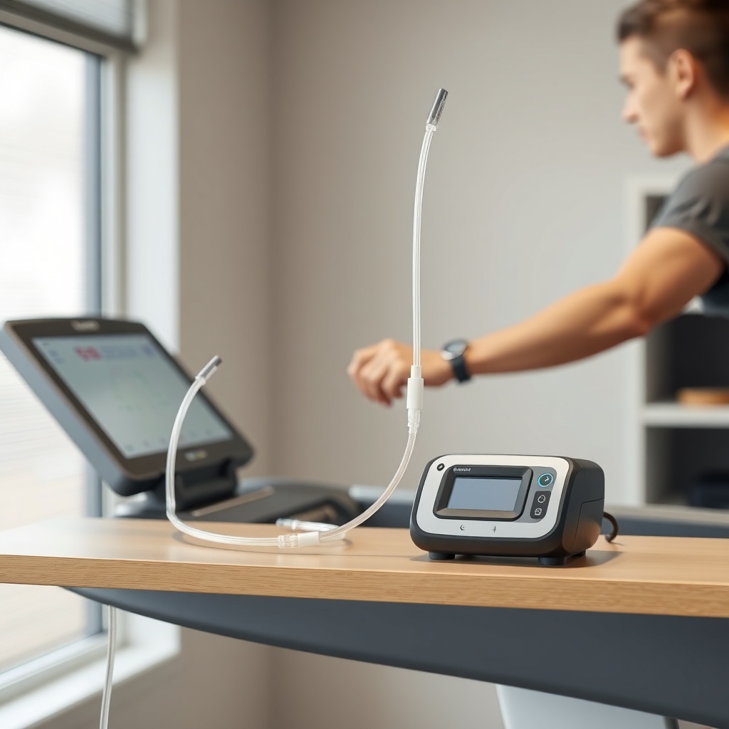 A photorealistic photo of an OxyGuide Comfort in use on a treadmill