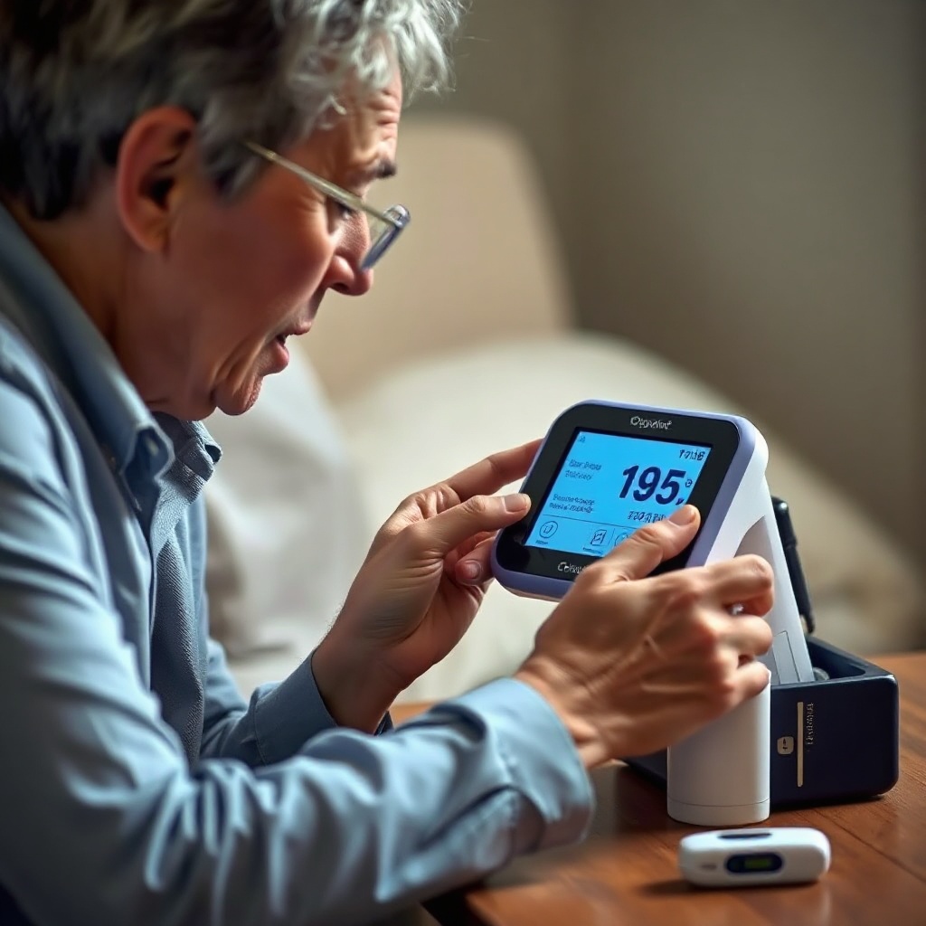 <photorealistic photo of a user checking the OxyGuide Comfort's display panel with a conce