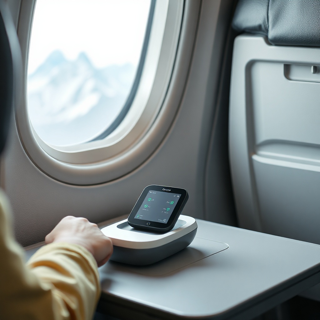 <photorealistic photo of an OxyGuide Comfort sitting on an airplane tray table with a view