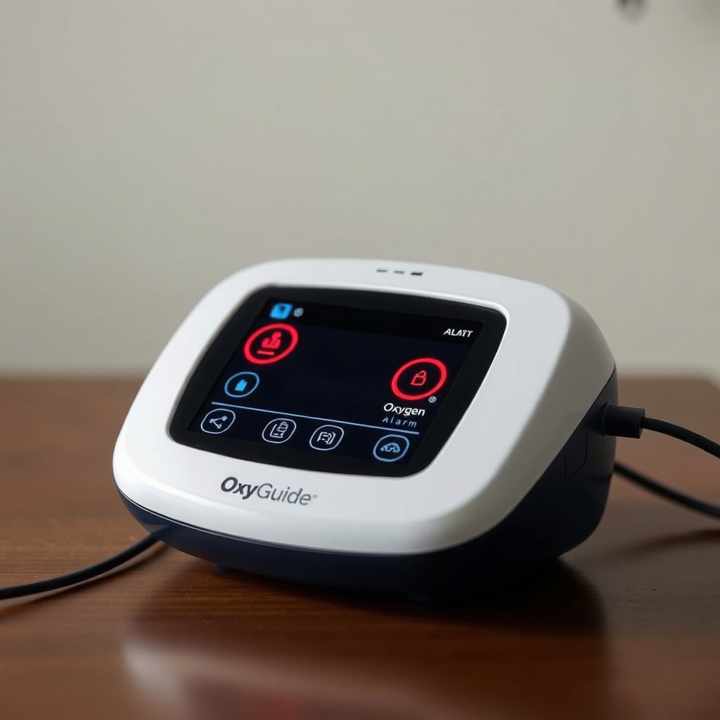 A clean photorealistic photo of an OxyGuide Comfort device sitting on a table with its con