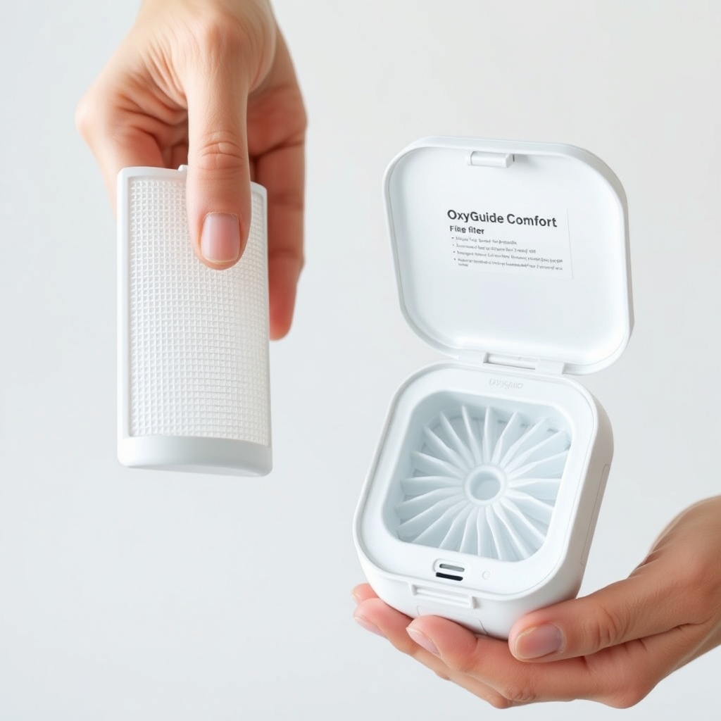 A clean photorealistic photo of a person holding a clean white mesh filter in one hand and