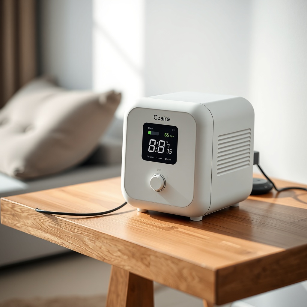 A photorealistic photo of a Caire Freestyle Comfort unit on a wooden table