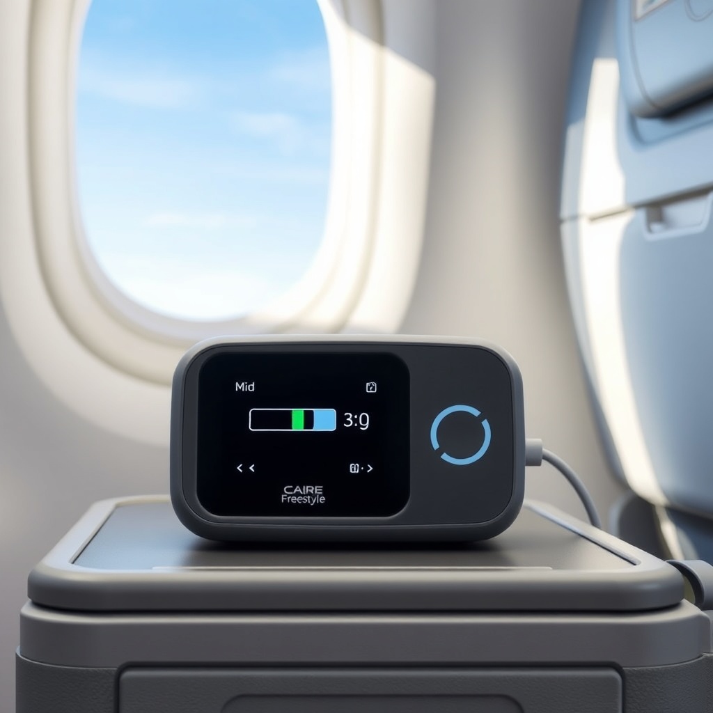 A photorealistic photo of a Caire Freestyle Comfort unit sitting on an airplane tray table