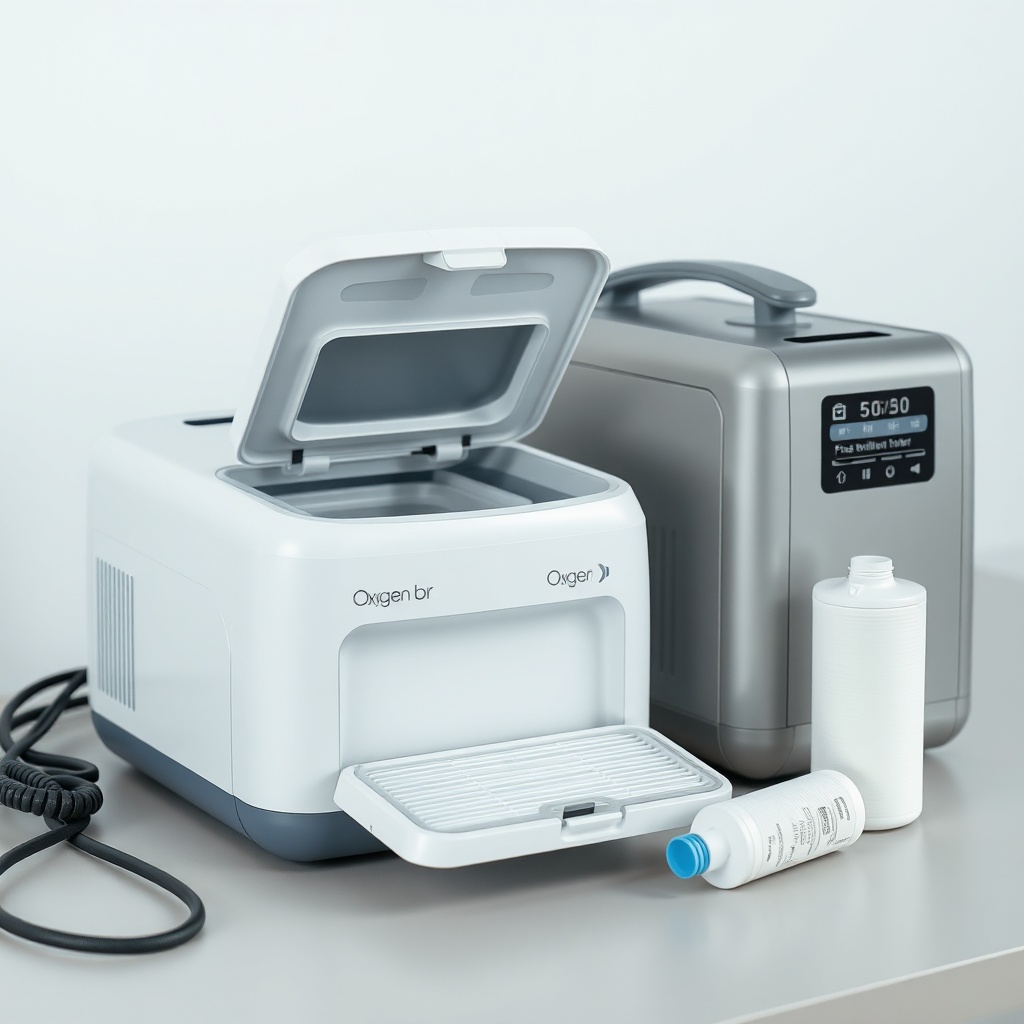 A clean photorealistic photo showing two portable oxygen concentrators side by side on a t