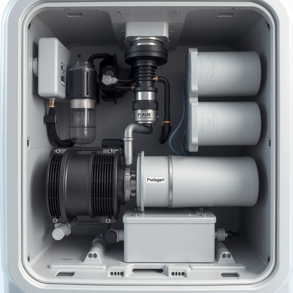 A clean photorealistic photo showing the internal components of a portable concentrator (s