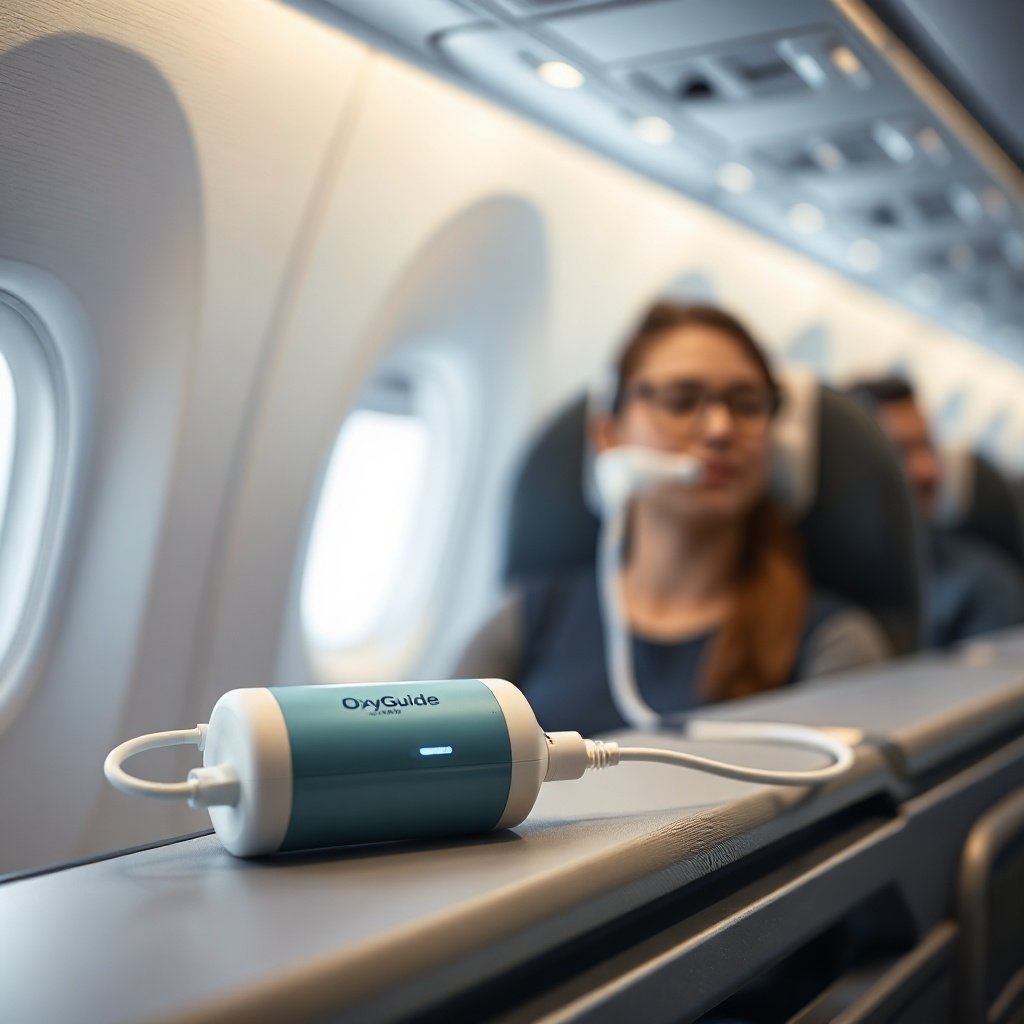 A photorealistic photo showing an OxyGuide Comfort resting on an airplane tray table with
