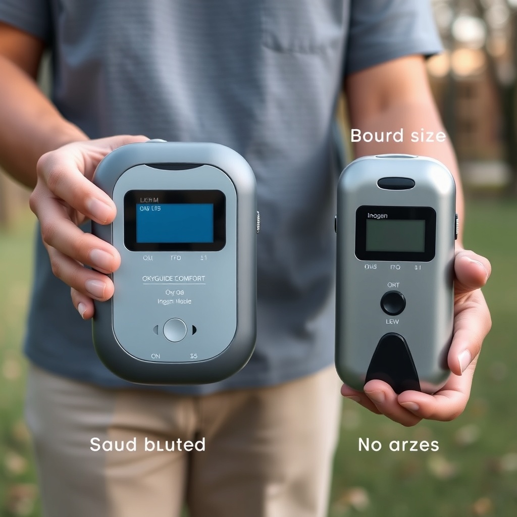 <photorealistic photo of a person holding an OxyGuide Comfort in one hand and an Inogen On