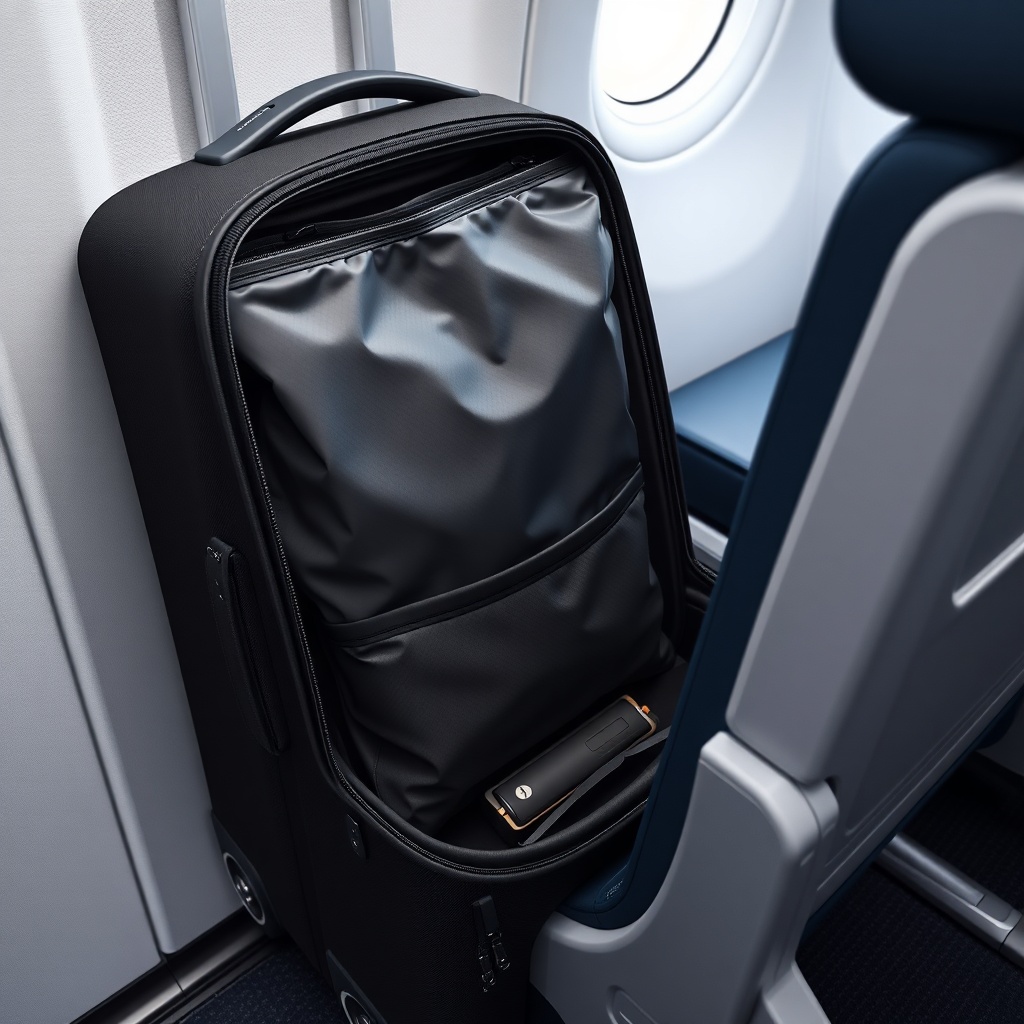 <photorealistic photo of an OxyGuide Comfort packed inside a carry-on roller bag with a ba