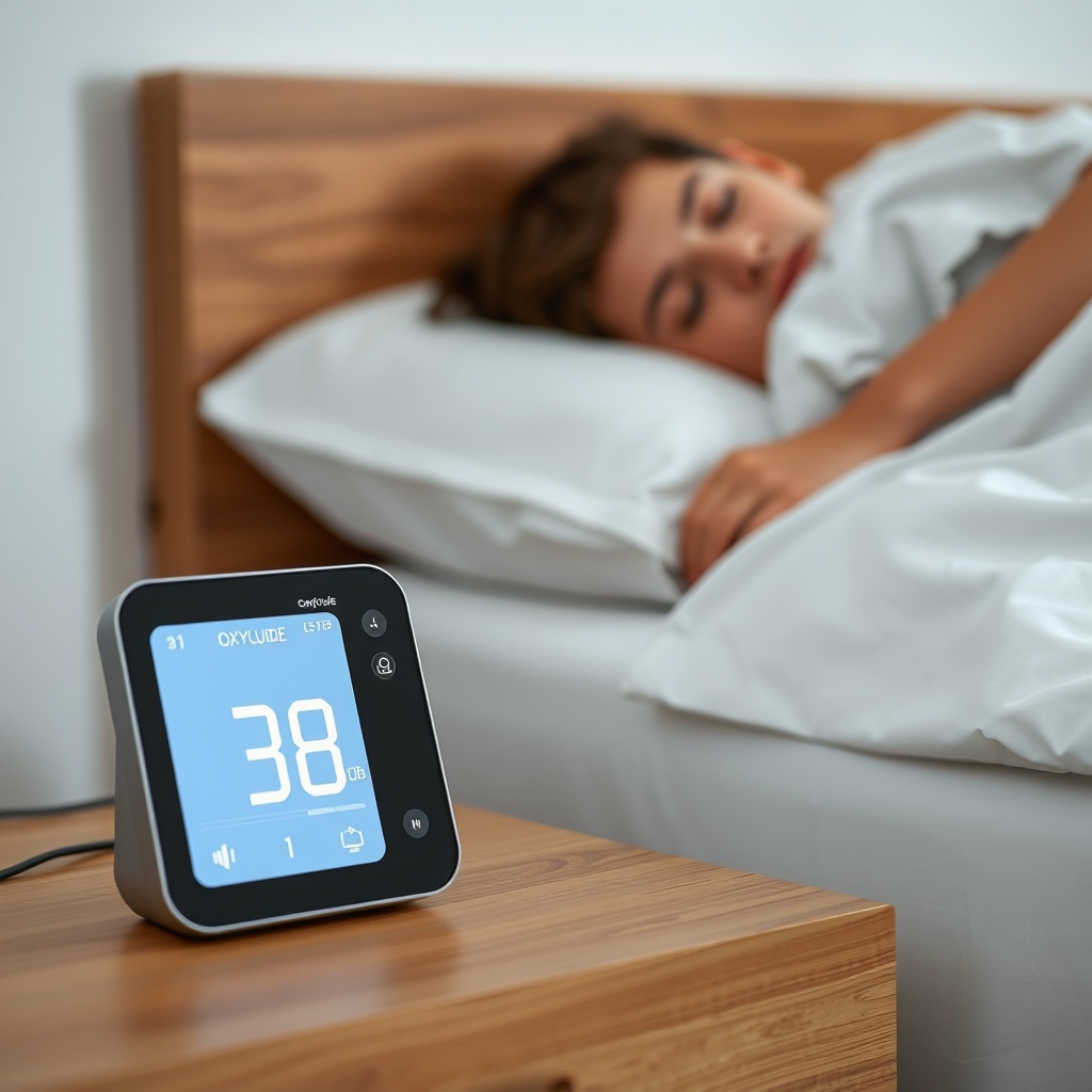A clean photorealistic photo of an OxyGuide Comfort unit sitting on a wooden nightstand ne
