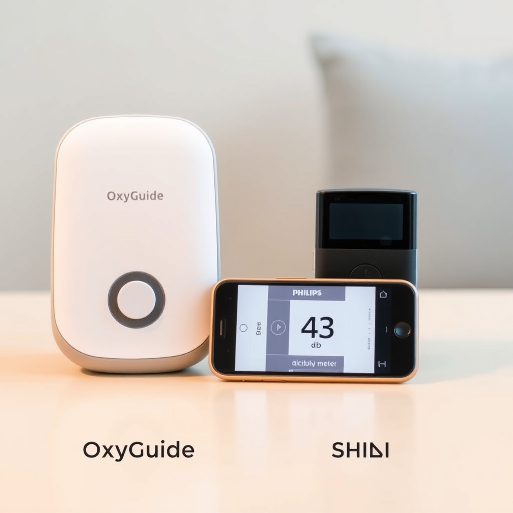 A clean photorealistic photo showing a side-by-side comparison of an OxyGuide Comfort (lef