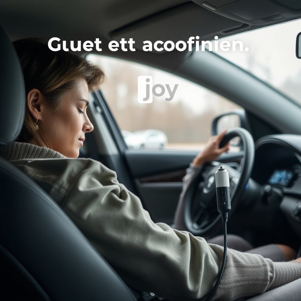 A photorealistic photo showing a OxyGuide Comfort connected to a car charger in a parked v